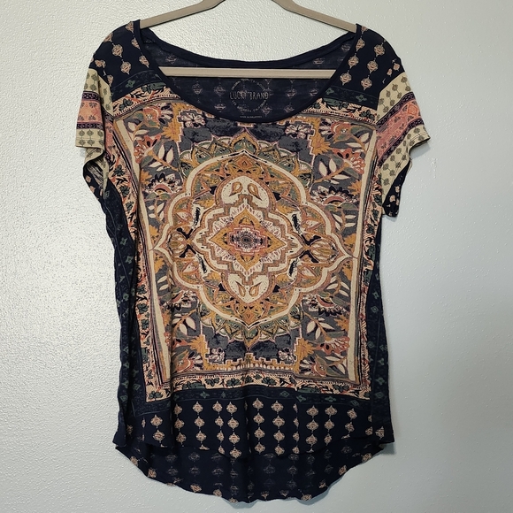 LUCKY BRAND Y2K Bohemian Indian Tapestey Indigo Short Sleeve Top Size Large - Picture 2 of 13